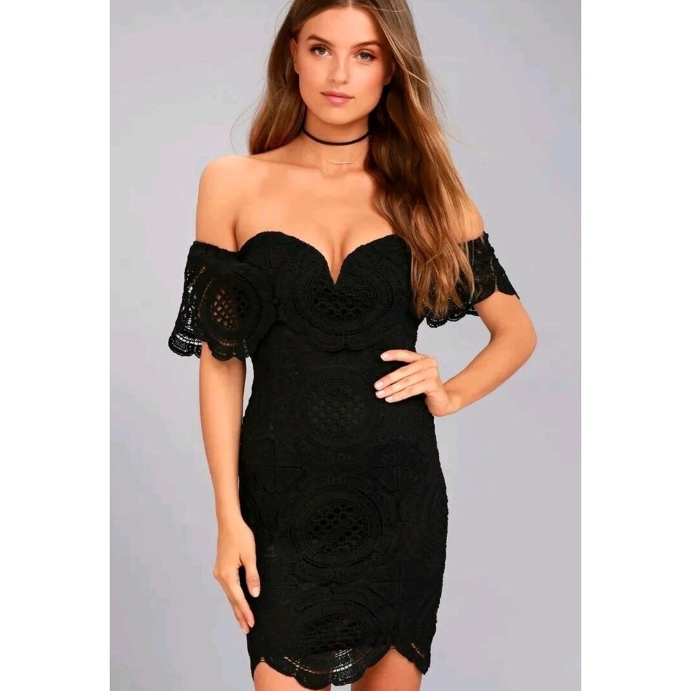 Lulus Black Crochet Lace Off The Shoulder Mini Dress Sweetheart Neckline Small
